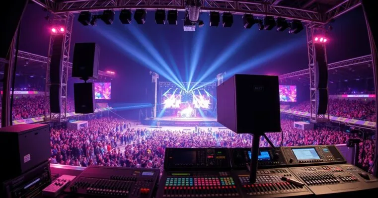 Sound system rental with speakers and microphone setup
